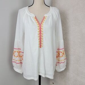Grace + Karma Women's L White Embroidered Gauze Cotton Boho Peasant Blouse